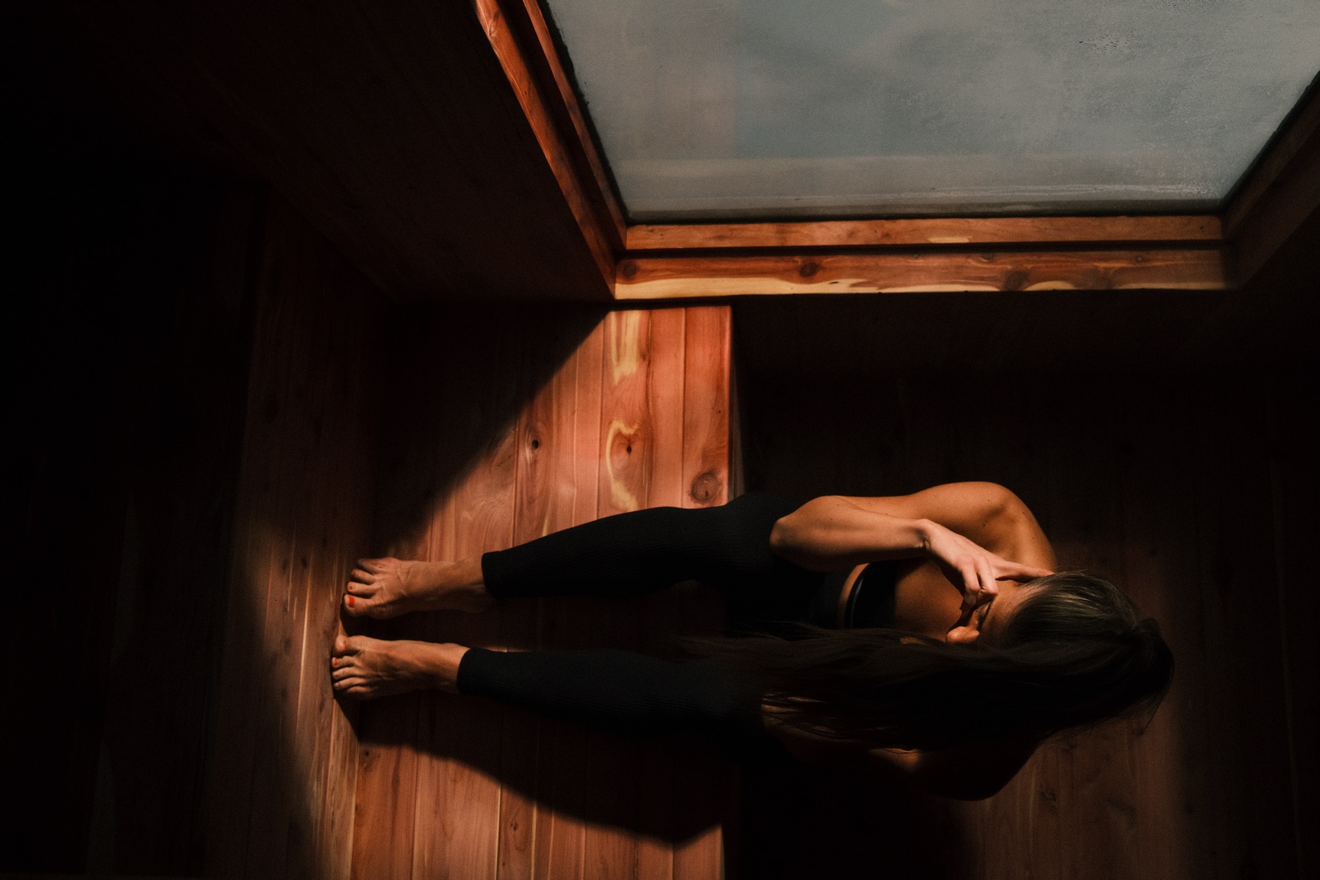 Morning light inside a New Primitive cedar sauna