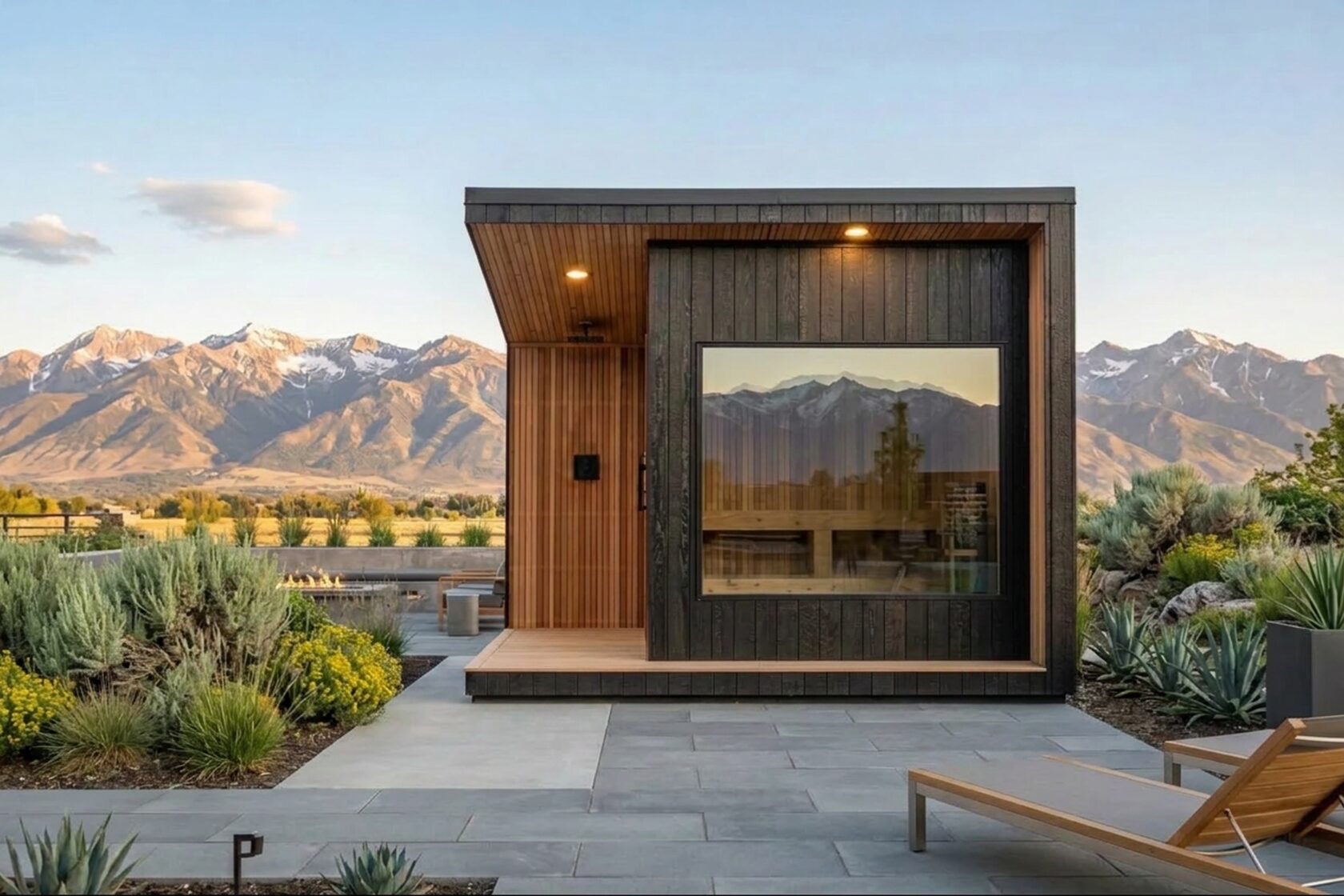 212 Designer exterior, charred Accoya and cedar against the Wasatch range