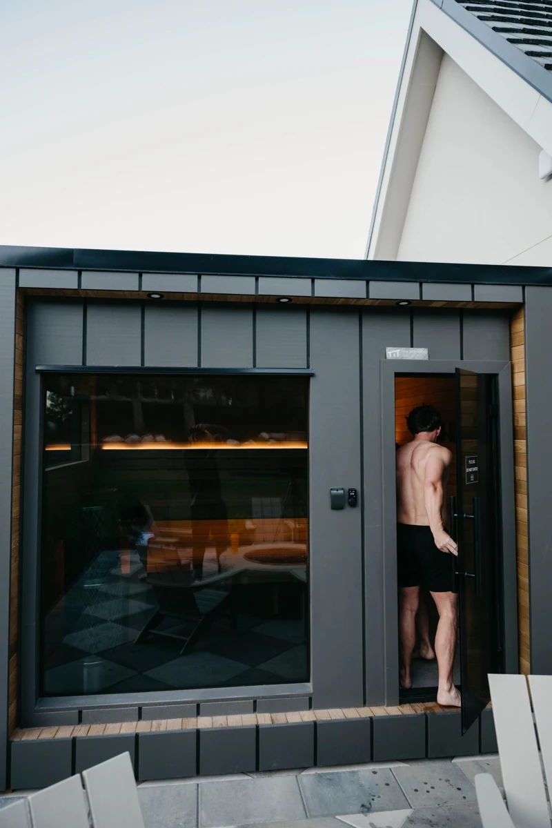 Stepping out of the sauna onto the patio