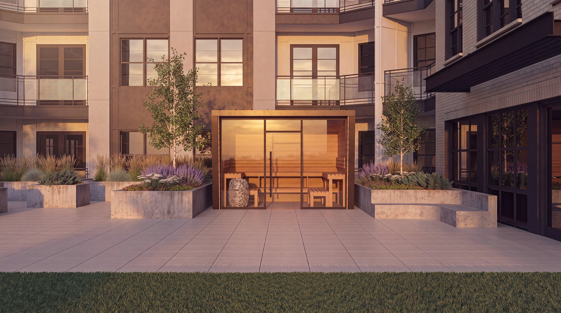 Commercial sauna in a residential courtyard at sunset