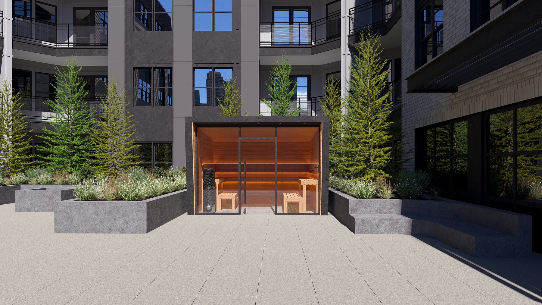 Commercial sauna, glass front onto the courtyard
