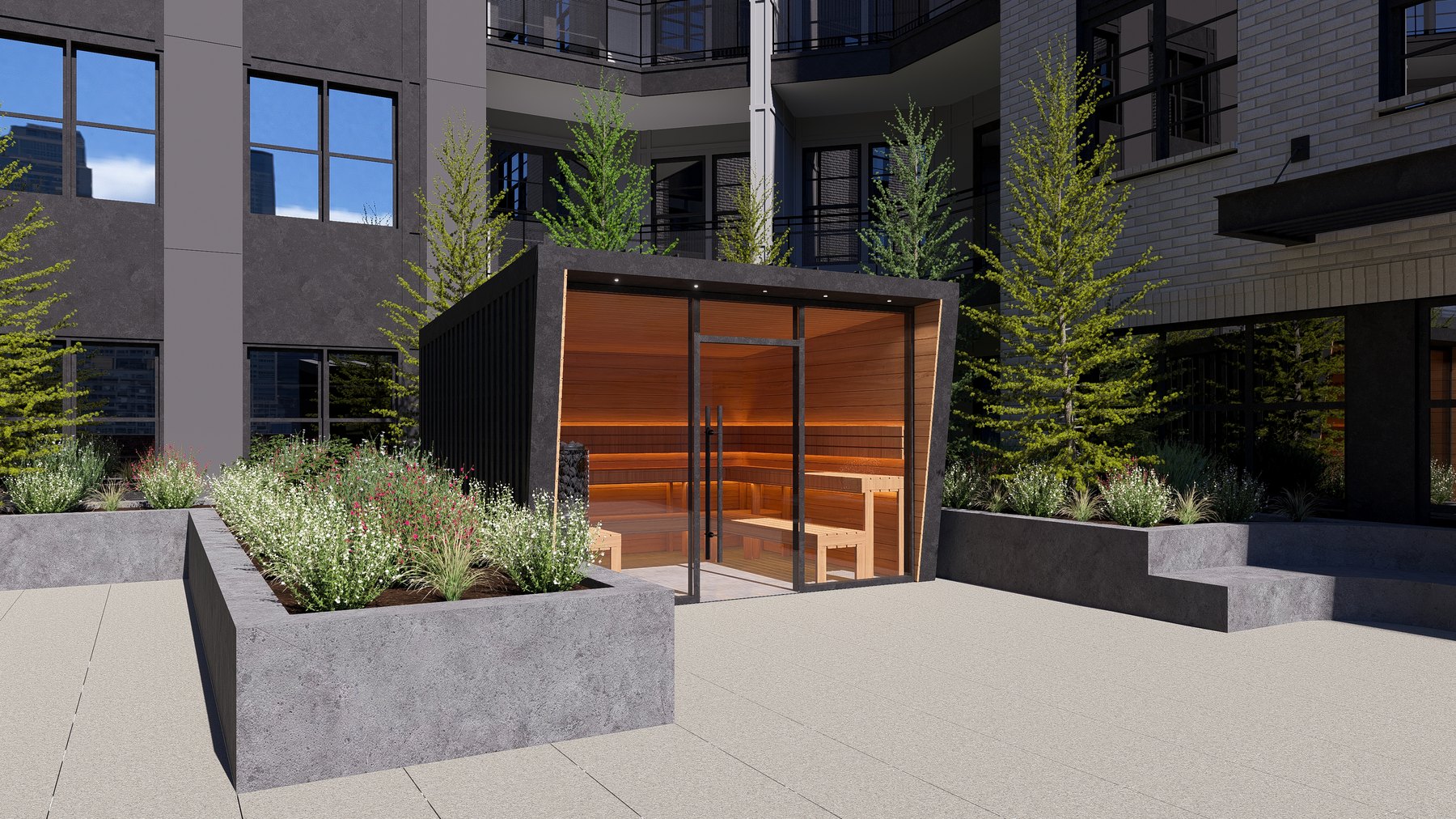 Render: sauna sited among the courtyard planting