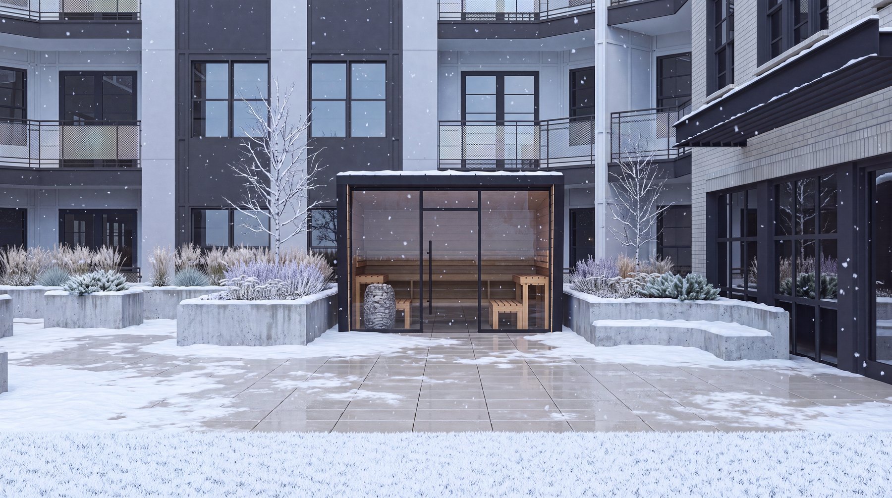 The same courtyard sauna in winter, snow on the roof