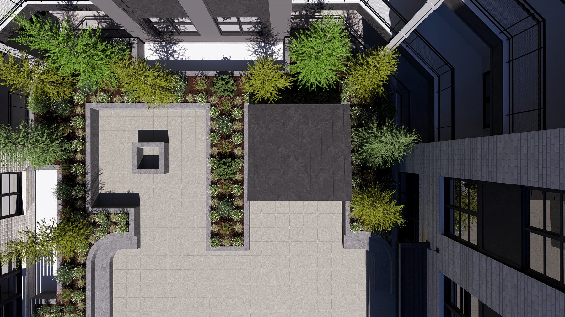 Render: plan view showing the sauna in the courtyard