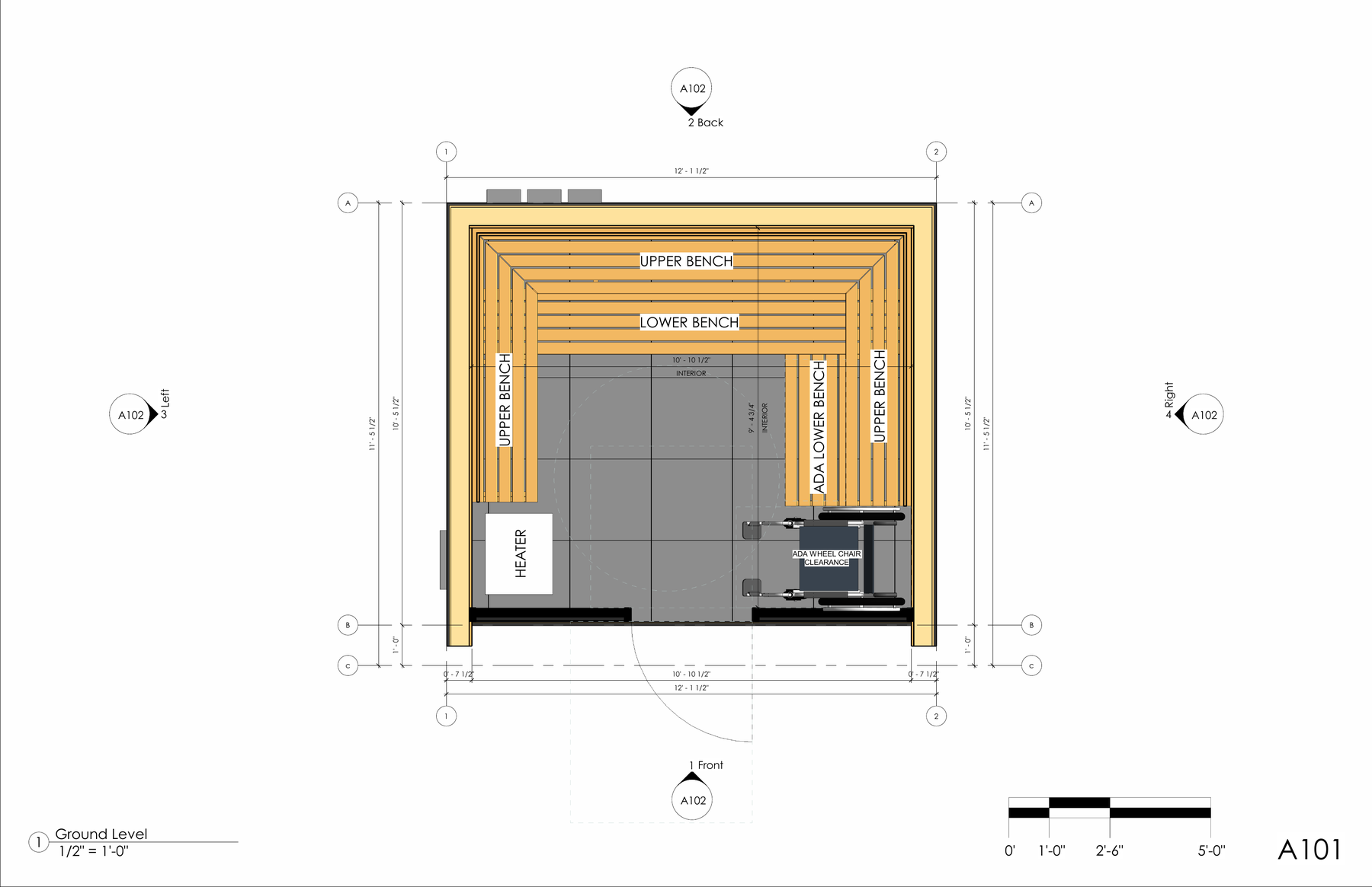 ADA floor plan: bench layout, heater position, and wheelchair clearance