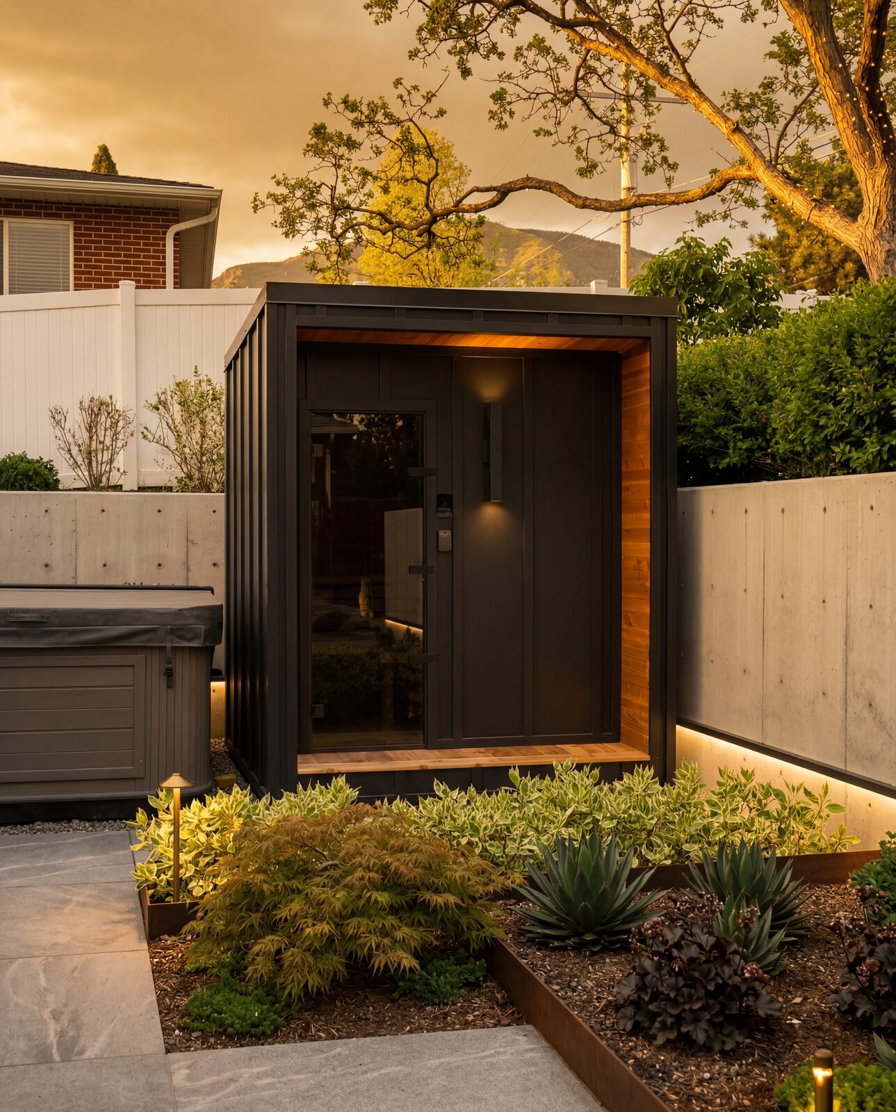 Nook Essential, charred exterior at dusk