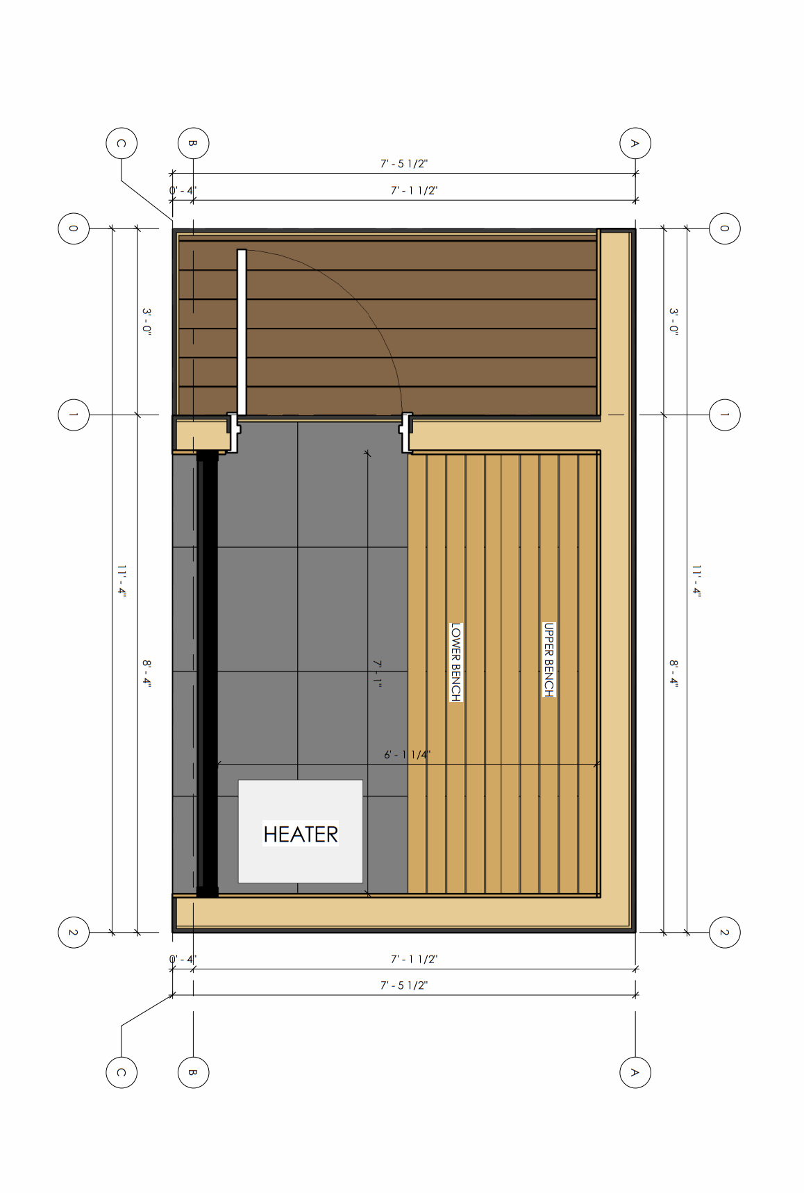 Engineered sauna floor plan with dimensions, benches, and heater placement