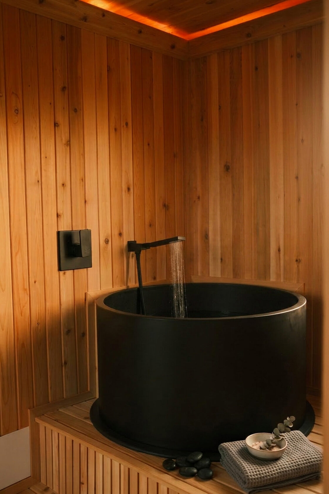 Black cold plunge tub with matte shower filler in the cedar cabin
