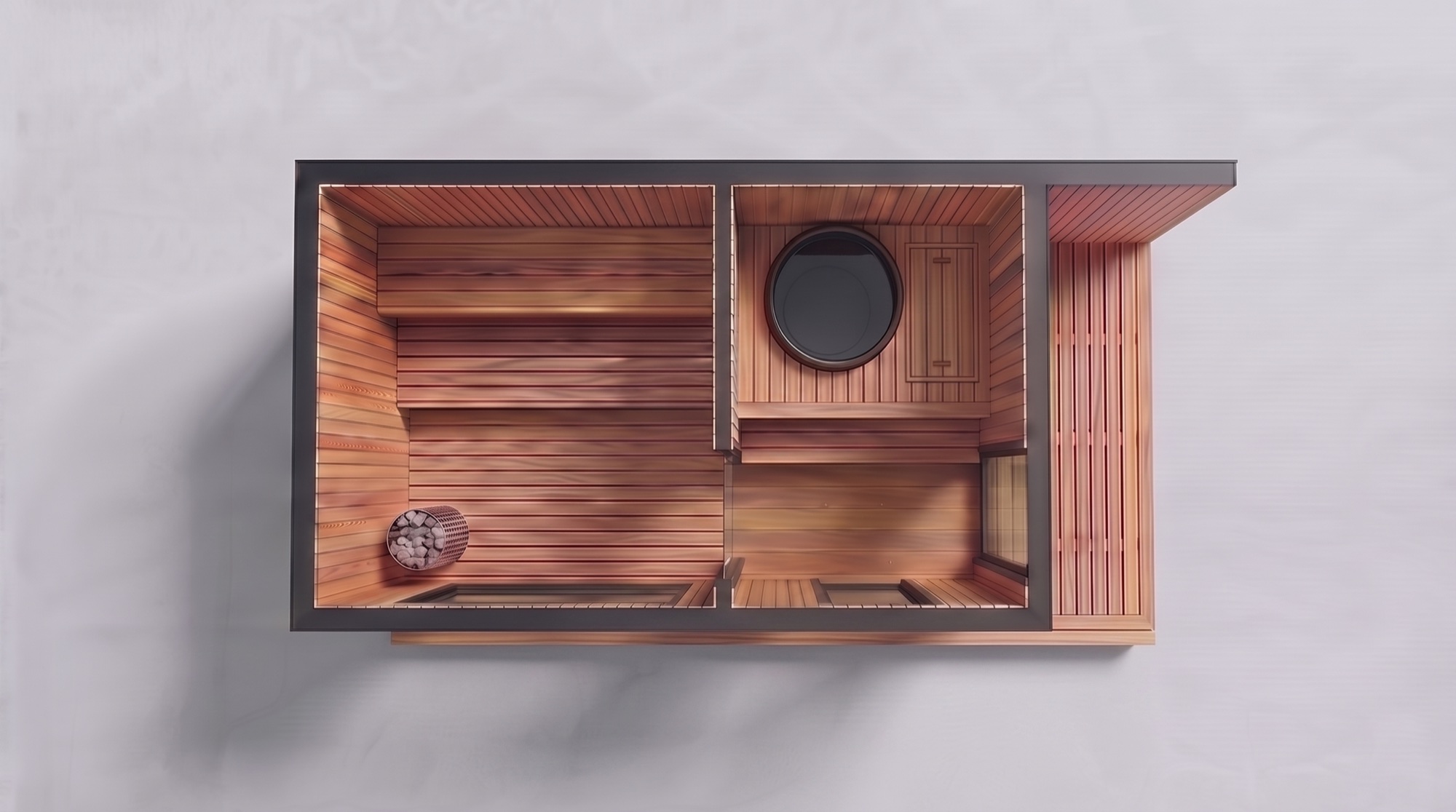 Thermal Suite Designer overhead layout: sauna room with two-tier benches and stone heater, cold plunge room, and slatted porch