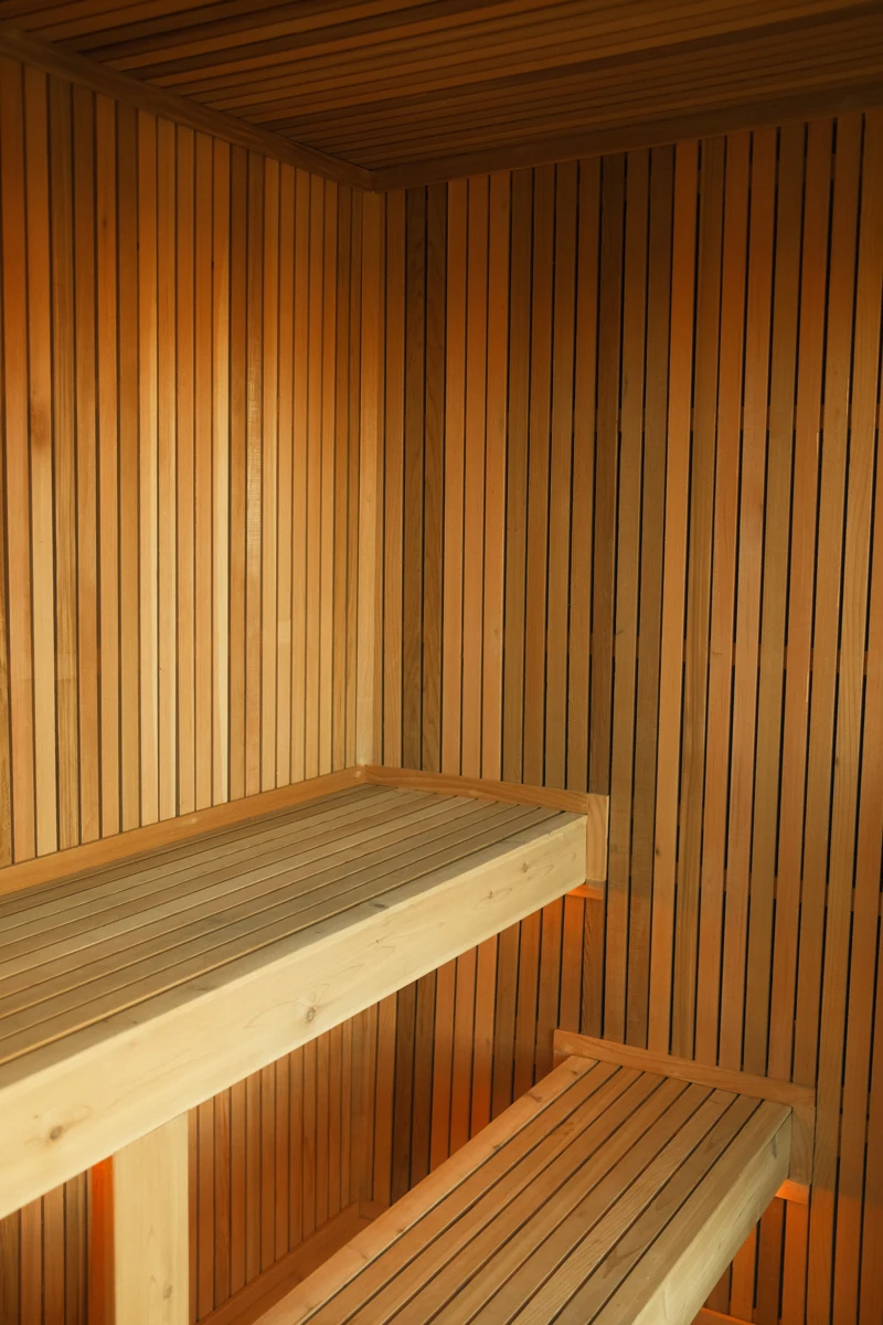 Two levels of cedar seating inside the sauna