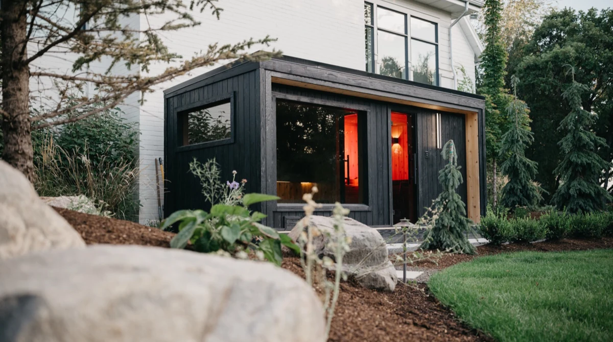 Thermal Suite Essential with black cladding in a landscaped garden