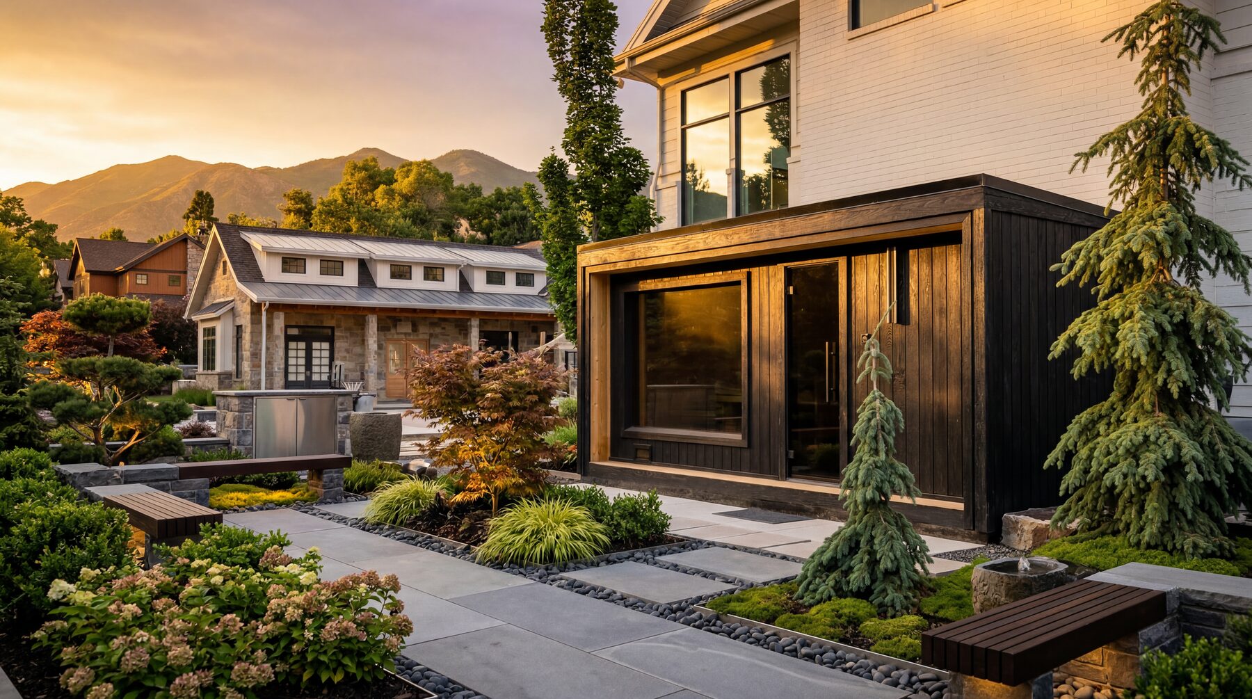 Thermal Suite Essential, charred exterior in a garden at golden hour