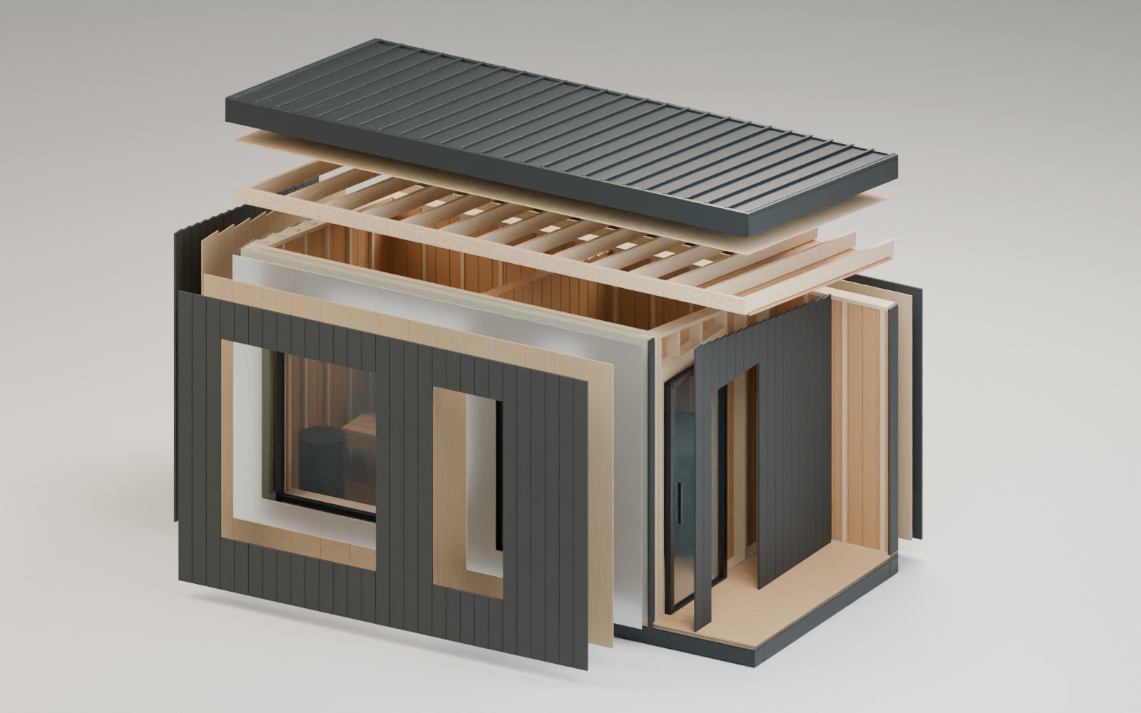 Thermal Suite Designer illustration with the roof and walls pulled apart to show the layers inside