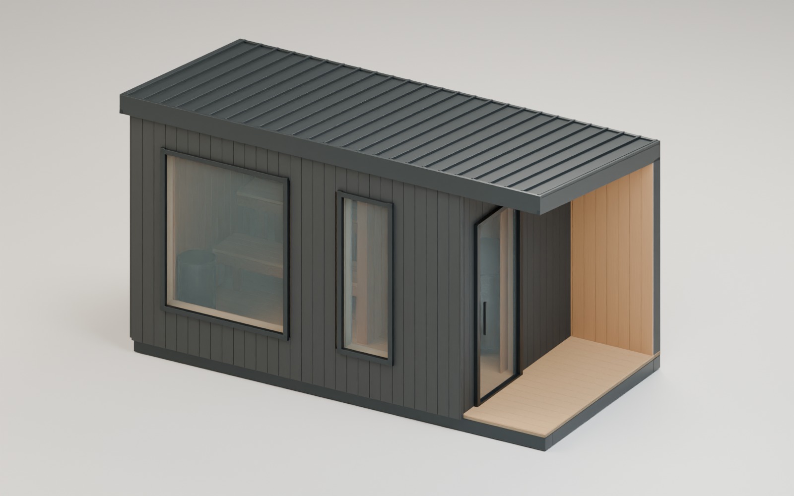Thermal Suite Designer illustration with black siding, cedar entry and ribbed metal roof