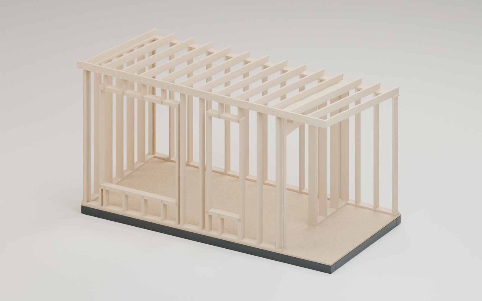 Architectural illustration of wood framing supported by a black steel perimeter