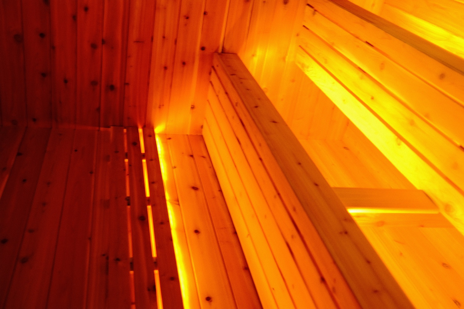 A cedar sauna interior glowing warm amber