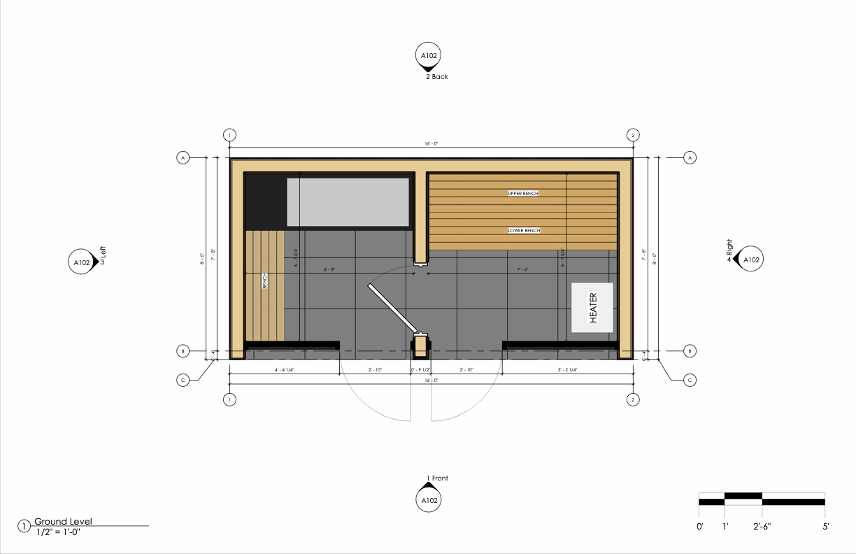 Thermal Suite E engineered floor plan with benches, heater, and dimensions
