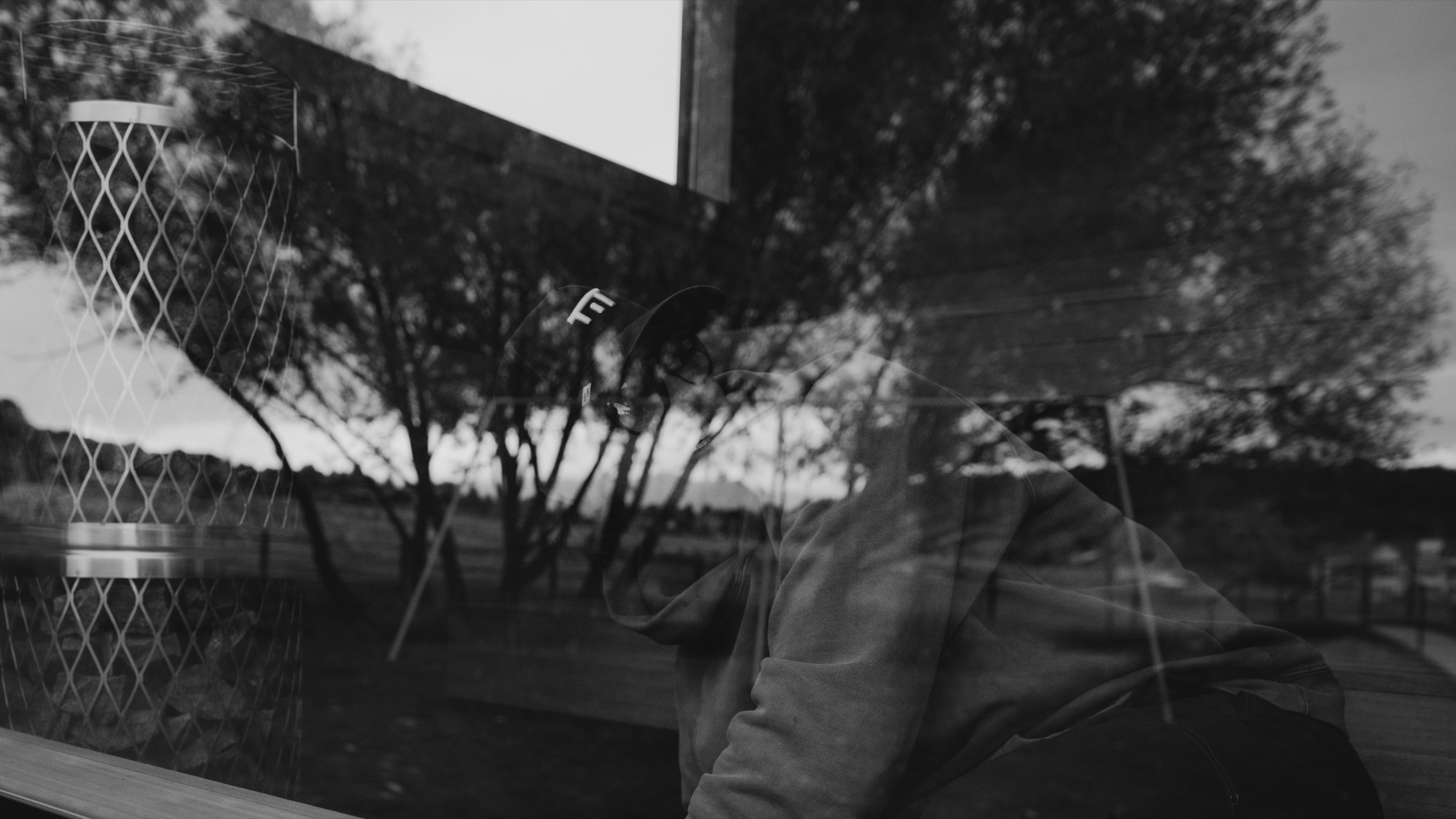 Trees reflected in the sauna window, black and white