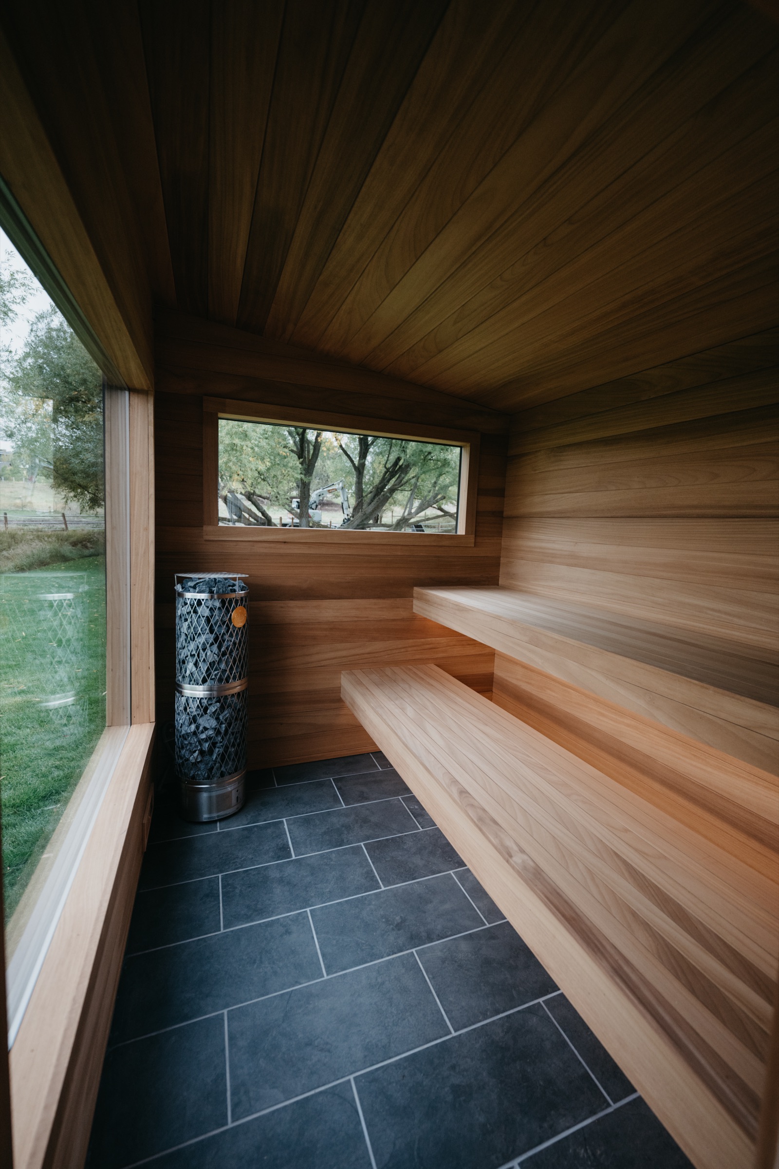 Cedar benches and heater inside the 212 Designer