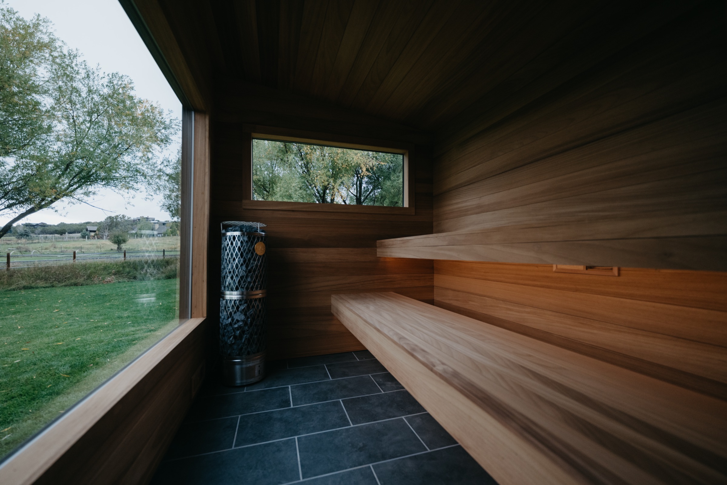 Interior benches below the picture window