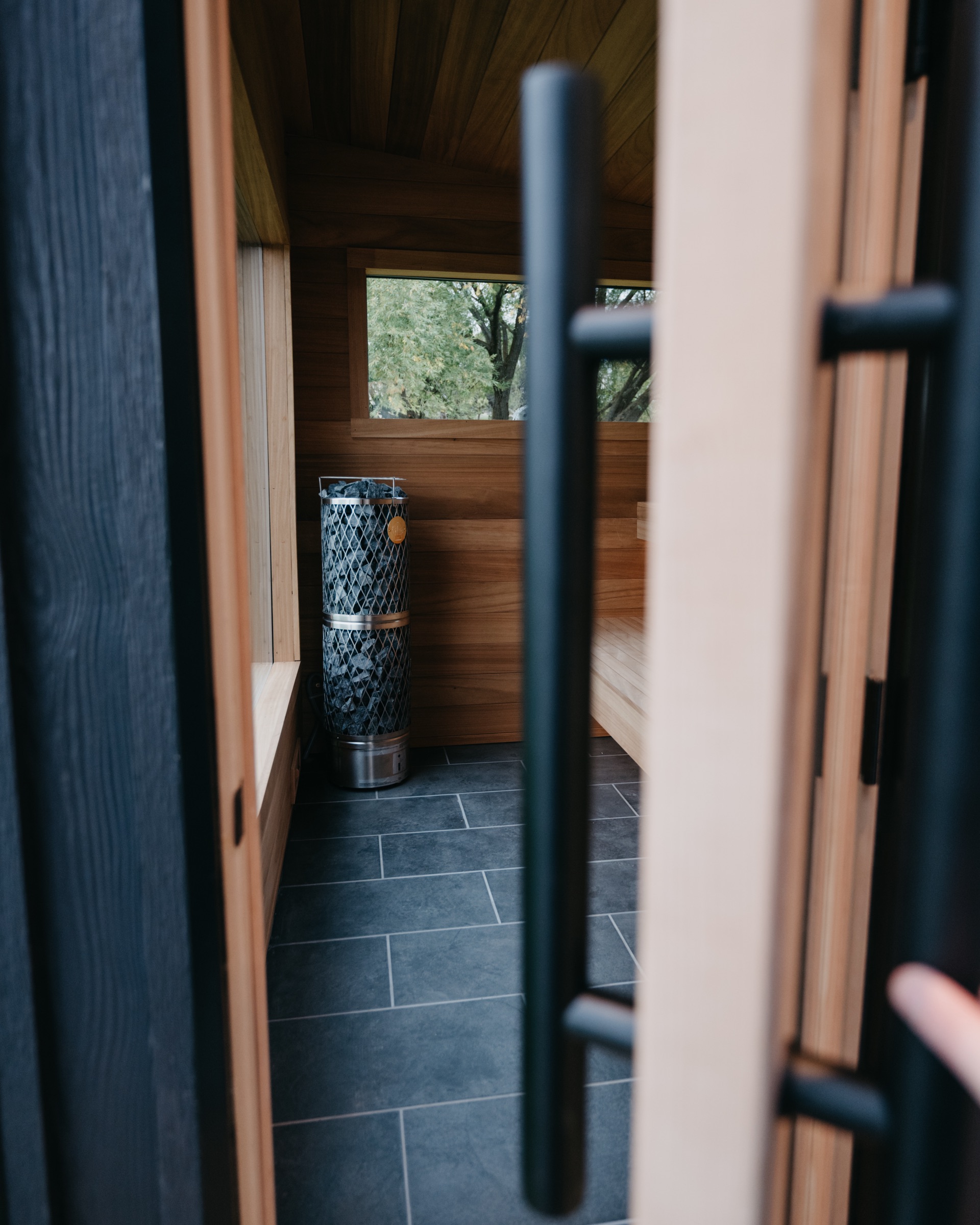 Cedar door frame and interior beyond