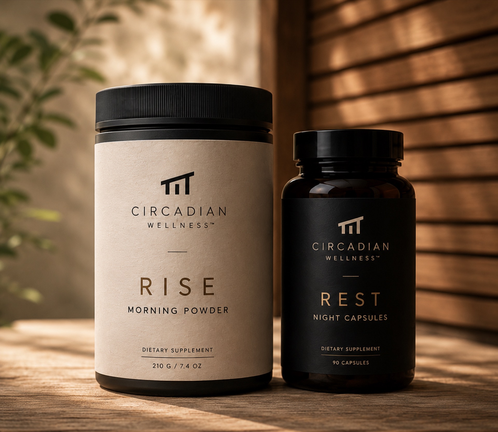 Rise Morning Powder and Rest Night Capsules by Circadian Wellness, set on wood