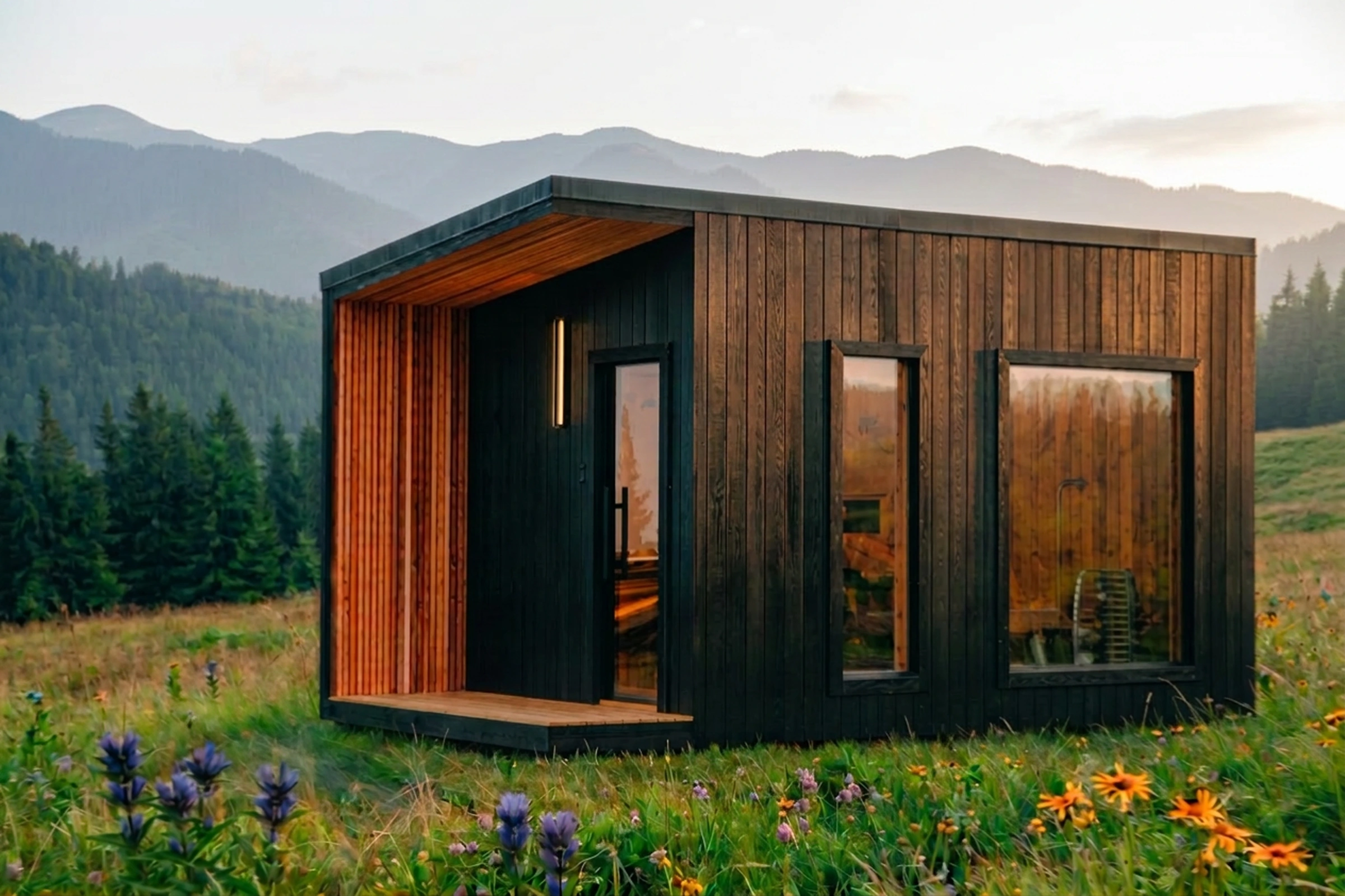 Thermal Suite Designer in a mountain meadow, with a covered cedar porch and dark exterior